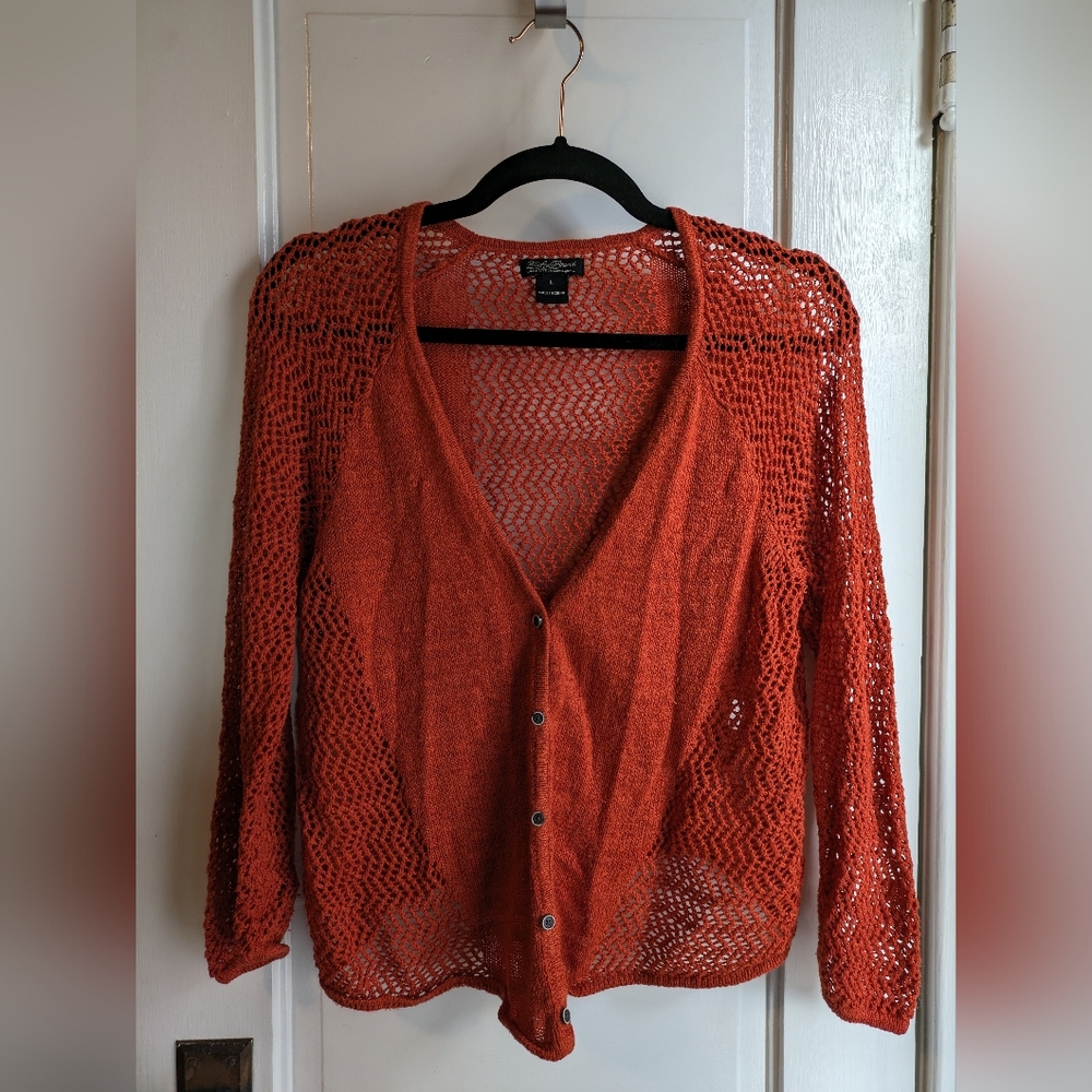 Lucky Brand Crochet Knit Cardigan Sweater See Through Lightweight